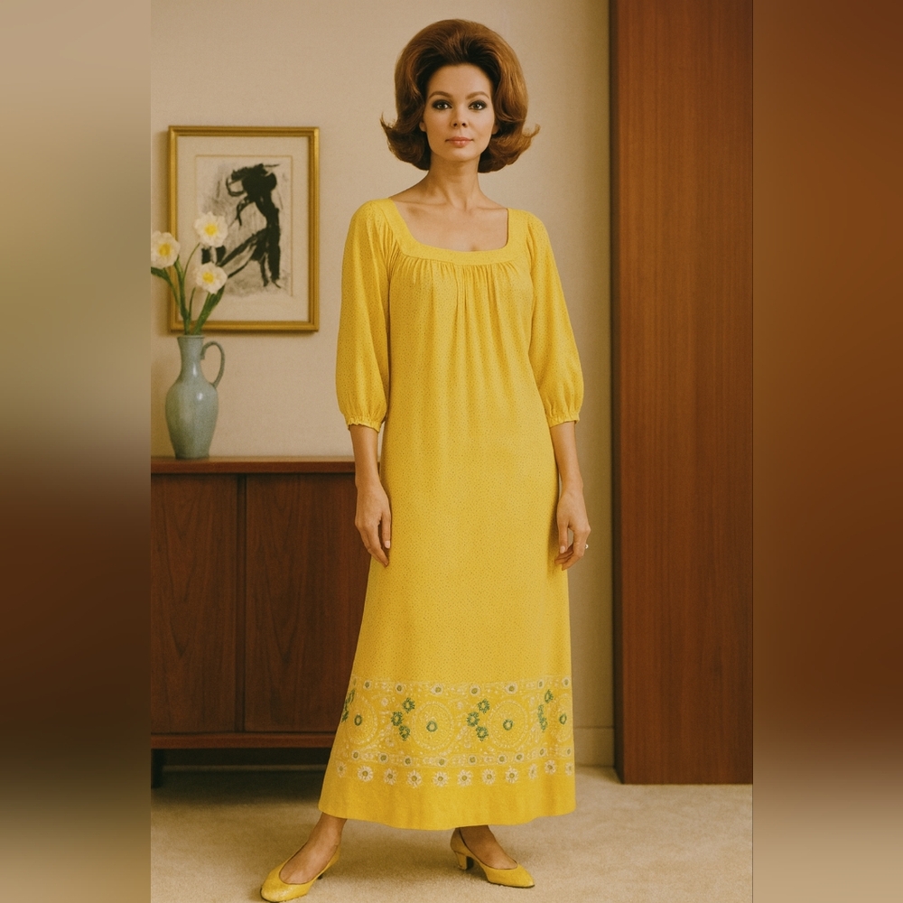 Vintage 60's Phyllis‎ Sues Yellow and Blue Ditzy and Floral Maxi Dress